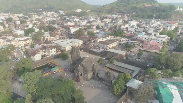 Aerial View of Trimbakeshwar Shiva Temple captured by drone camera. One of the twelve 12 Jyotirlinga