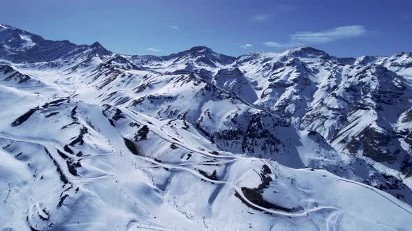 Panoramic view of Ski station centre resort at snowy Andes Mountains.