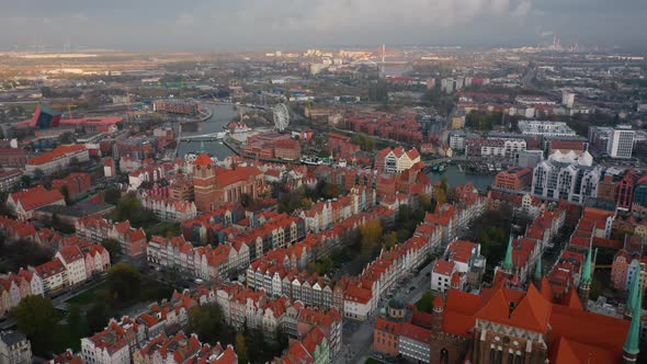 Europe Polandd Gdansk. Drone Shot. Flight Over Motlawa, Old Town.