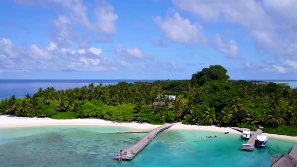 Drone aerial tourism of tropical bay beach by clear sea and sand background