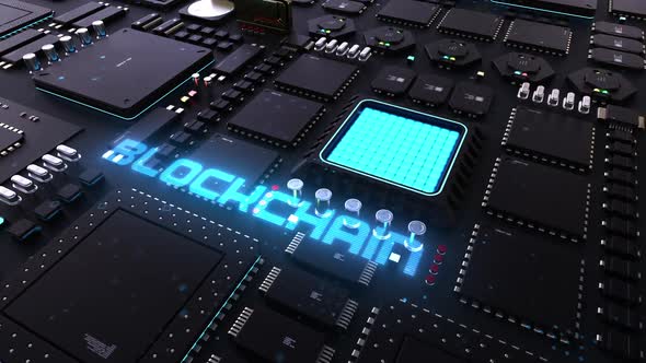 blockchain header on the background of a chip with many processes.  alt