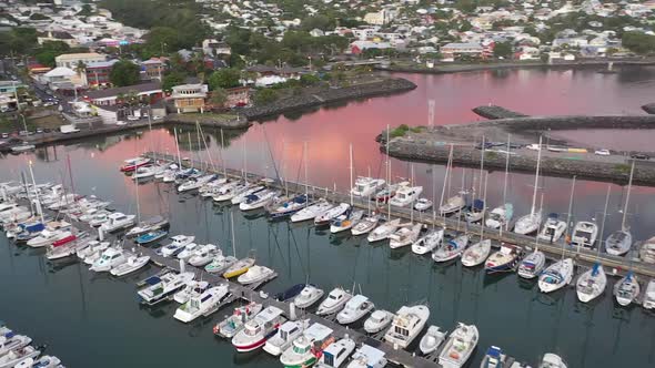 Aerial view over boats in the marina at Saint Pierre on Reunion Island