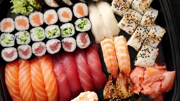 Close Up of Various Types of Japanese Fresh Prepared Sushi.