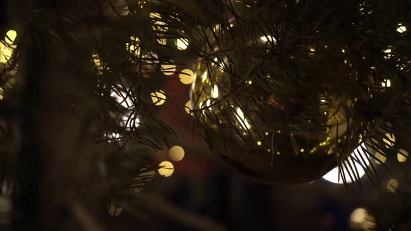 Golden Toy Ball on the Branches of a Christmas Tree