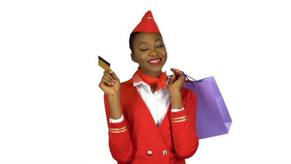 African American Girl Holding a Credit Card and Packages. Alpha Channel
