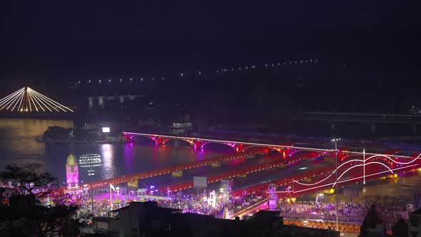 Timelapse Night View of Haridwar City During Largest Indian Festival Kumbh Mela