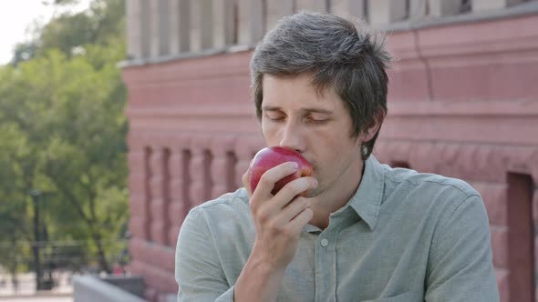 Male Vegan Vegetarian Enjoying Healthy Vitamin Food Dieting Guy Sniffs Fragrant Fruits Closes Eyes