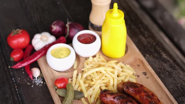 Closeup View of Tasty Grilled Sausages on Wooden Serving Board with French Fries and Sauces