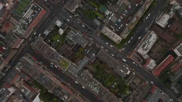 Aerial Birds Eye Overhead Top Down Panning View of Narrow Streets in Urban Neighbourhood