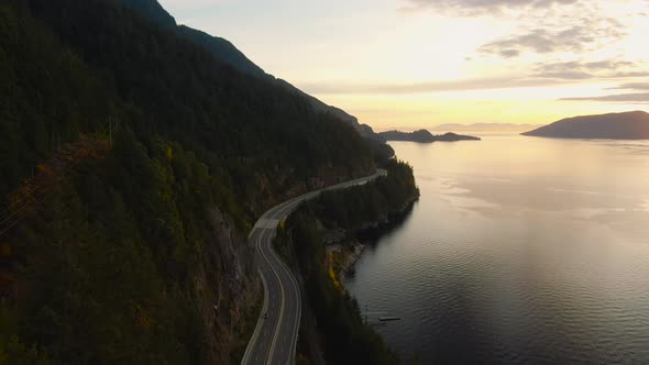 Sea to Sky Hwy in Howe Sound near Horseshoe Bay, West Vancouver, British Columbia, Canada. Aerial pa