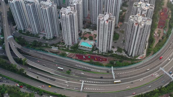 Drone fly over Hong Kong city