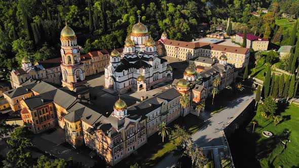 Beautiful Orthodox New Athos Monastery with Golden Domes in the New Athos