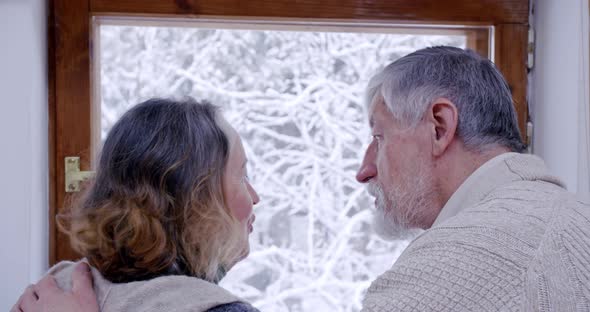 Two Elderly Couples at the Window Chatting Animatedly and Looking Outside During Voluntary