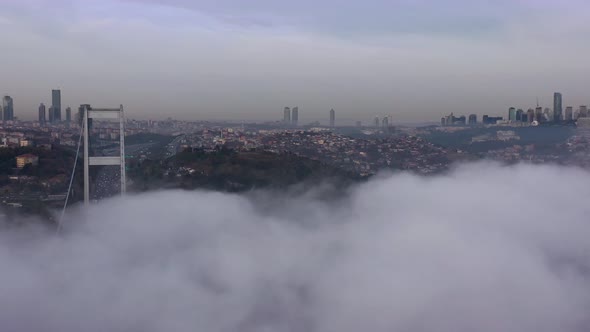 aerial video of Fatih Sultan Mehmet Bridge on a foggy day in Istanbul, Turkey. 2rd Bosphorus 03