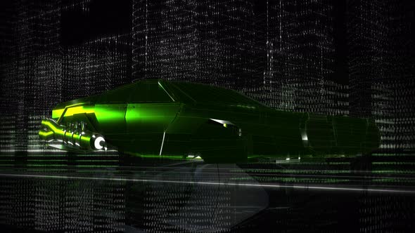 A Green Car from the future is passing through the Digital software world alt