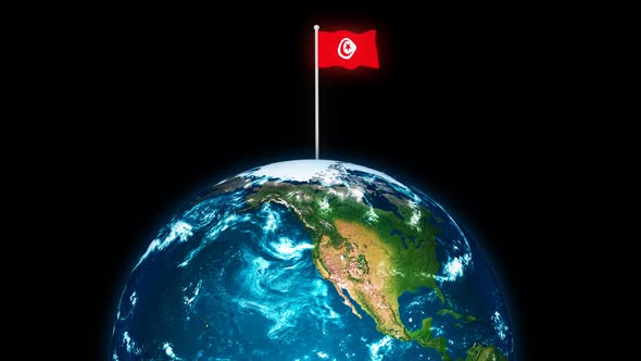 3d Rotated Planet Earth On Flying Tunisia Flag Animation