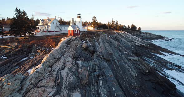 Aerial view Curtis island lighthouse Camden Maine USA with 180” turn