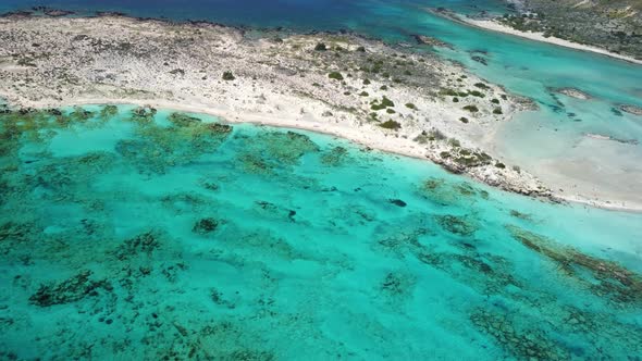 Aerial view of Elafonisi lagoon with idyllic exotic beaches and crystal clear waters in Crete, Greec