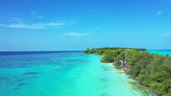 Aerial view tourism of perfect tourist beach trip by transparent sea and white sandy background of a