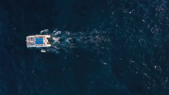 Top View on a Big Catamaran Sailing in the Atlantic Ocean