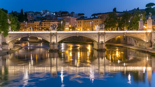 Ponte Vittorio Emanuele II Is Bridge Across Tiber Day To Night Timelapse in Rome, Italy