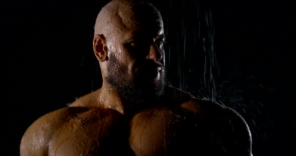 Portrait with the Shoulders of a Brutal Muscular Male Bodybuilder Close-up on a Black Background, He
