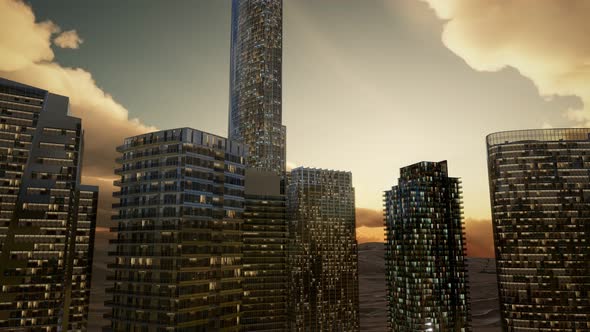 City Skyscrapers at Sunset in Desert