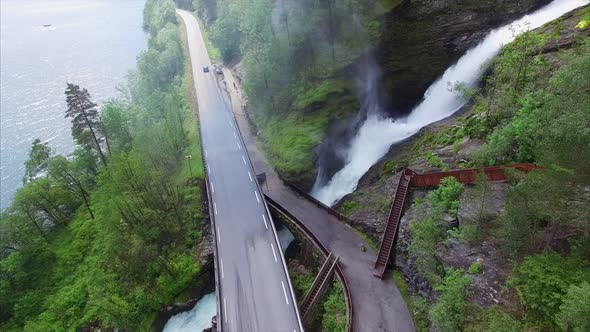 Waterfall on Ryfylke national road in Norway, aerial footage