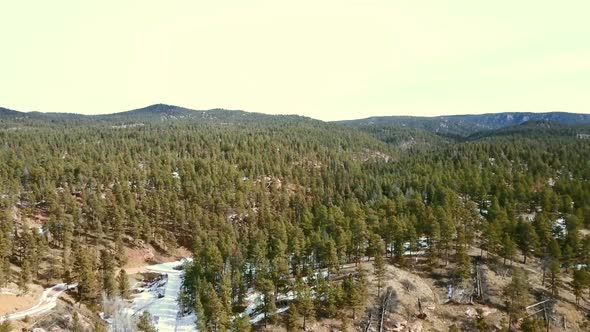 Aerial view of Pikes National Forest in the Winter