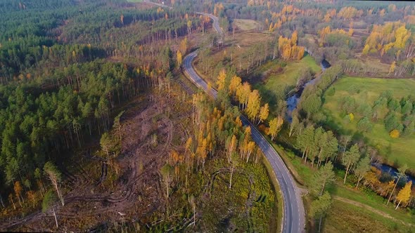 Aerial view of road crossing between agricultural land and village, Estonia.