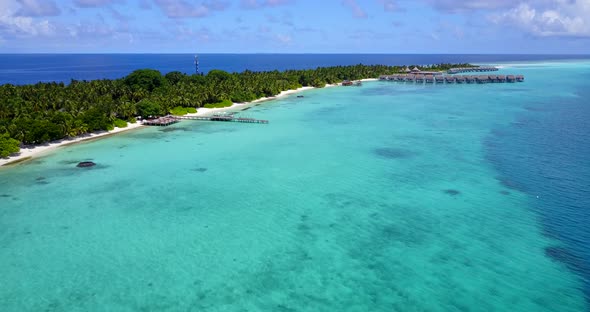 Wide angle aerial copy space shot of a white paradise beach and turquoise sea background in hi res 4