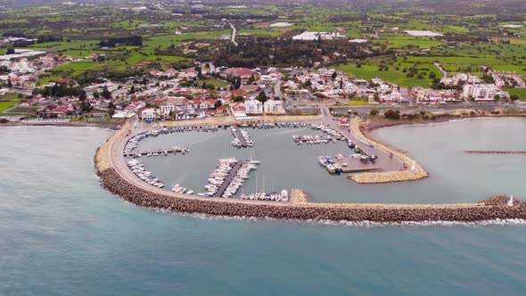 Aerial Drone Video of Zygi Marina Harbour in Cyprus Blue Mediterranean Sea Yachts Boats Greece Ocean