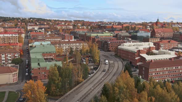 Majestic drone fly over Ostersund city in Sweden