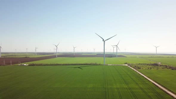 Wind power station on the field, Aerial view from drone