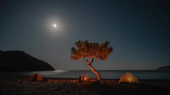 Camping By the Sea at Night