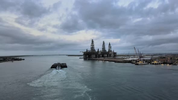 Barge by Oil Rigs on the Gulf of Mexico drone footage