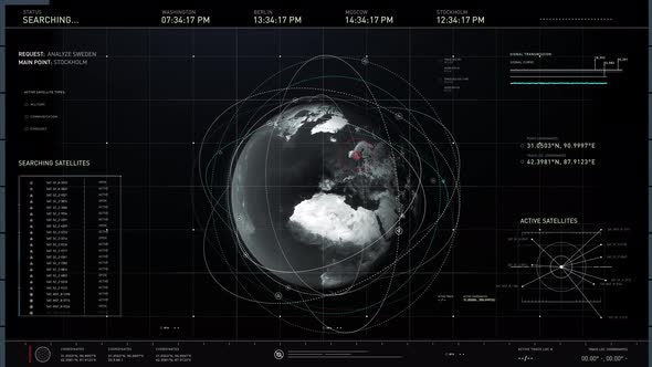 Informations and images on screen. Satellite control center. Sweden location. UI alt