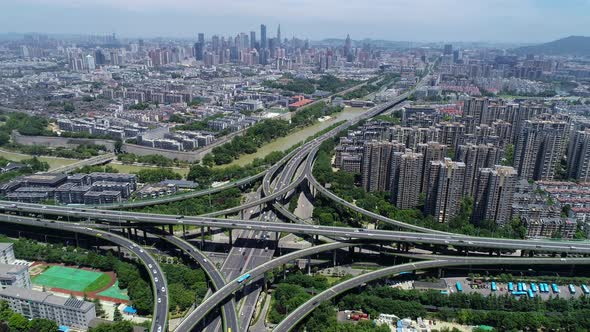 Aerial view of highway and overpass in city