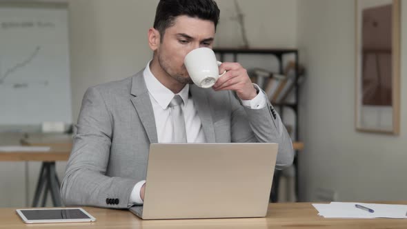 Businessman Drinking Coffee and Working on Laptop