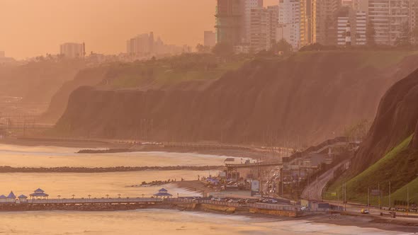 Aerial View of Lima's Coastline in the Neighborhood of Miraflores Timelapse During Sunset Lima Peru