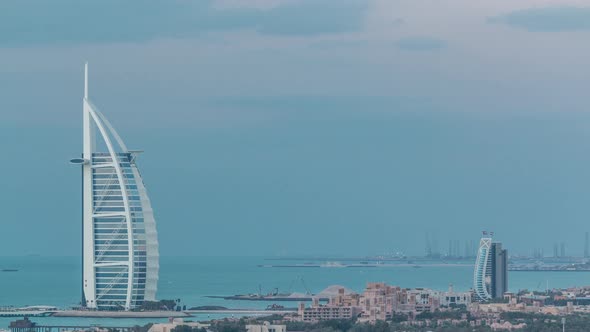 Aerial View of Burj Al Arab Hotel From Internet City Day to Night Timelapse