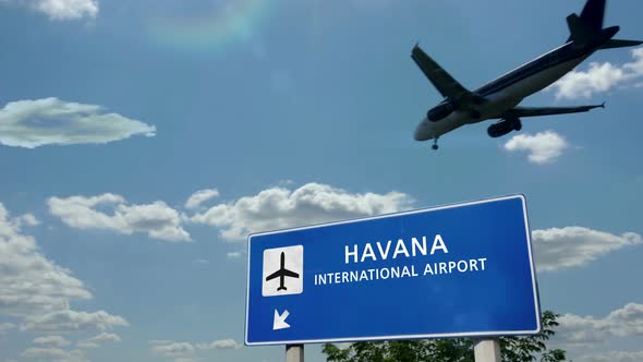 Airplane landing at Havana Cuba airport