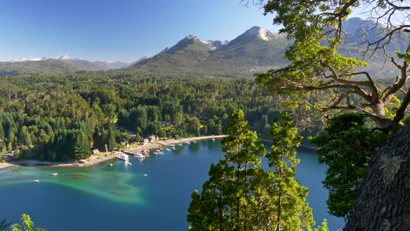 View To Villa La Angostura, Argentina, Patagonia, Lake District. Blue Bay, Green Trees and Mountains