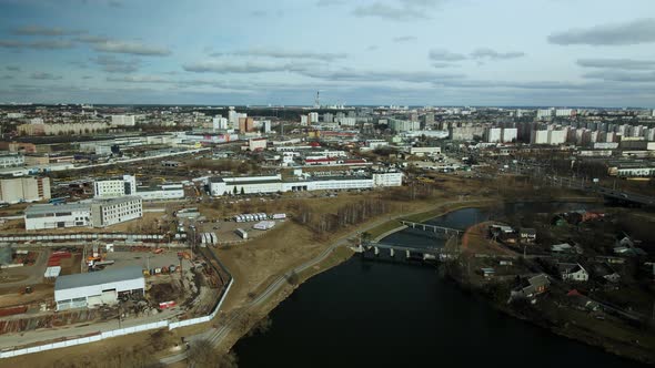 Mixed urban development. Industrial and residential area. Water city system. Aerial photography.