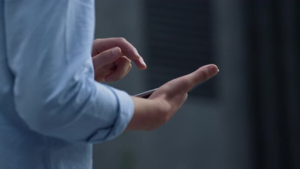 Businessman Hands Using Tablet at Downtown Area Closeup