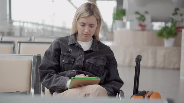 Woman Is Checking Email By Tablet in Waiting Hall of Station Sitting Alone