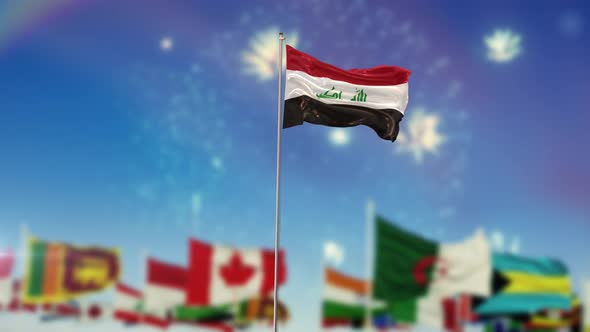 Iraq Flag With World Globe Flags And Fireworks 