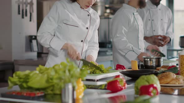 Portrait of Female Chef Preparing Celery Ingredients for Food Dish