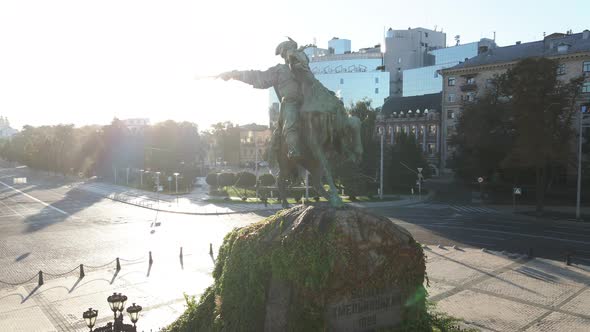 Kyiv, Ukraine: Monument To Bogdan Khmelnitsky in the Morning at Dawn. Aerial View. Slow Motion