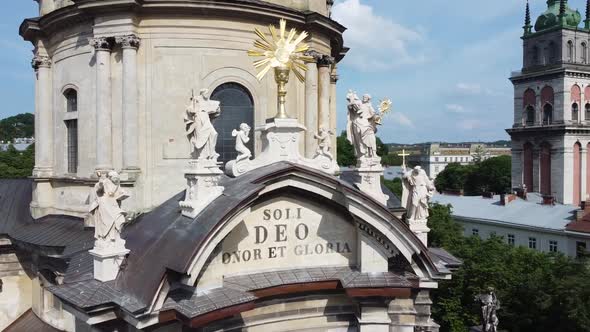 Aerial drone view of a flying over the Catholic Cathedral.